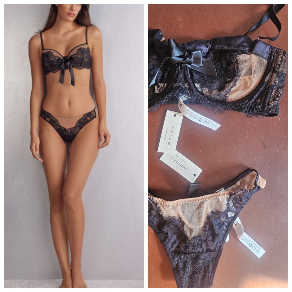 Nwt intimissimi SET: Black Sculpted Lace On Nude Sheer 36b/34c Bra S Bottom